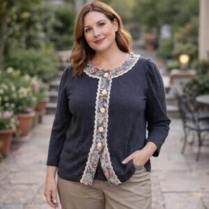 C22 Vintage Good Times Women’s Floral Lace Sweater Blazer Button Front 12P USA